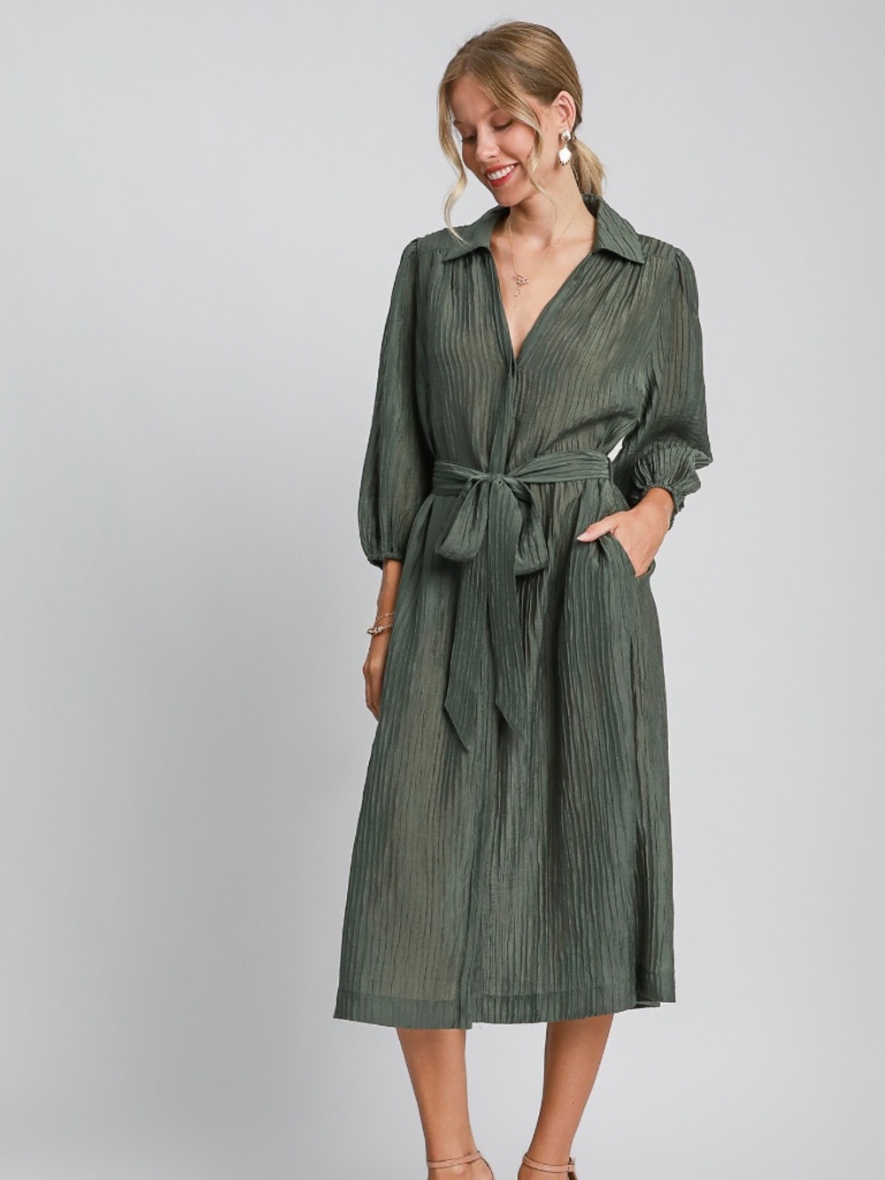 Umgee Crinkle Midi Dress Belted Collared Tencel Seaweed NWT